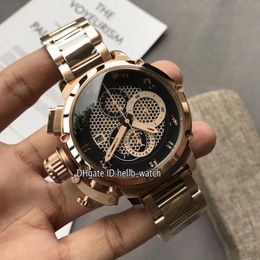 Left Handed 50mm U-51 U51 Chimera Bronze 7474 Black Skeleton Dial Miyota Quartz Chronograph Mens Watch Rose Gold Steel Bracelet St258P