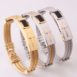 Bracelets Cool Stainless Steel Male Bracelet 3 Rows Wire Chain Charm Bracelets Bangles Punk Rock Style Cross Bracelet Men Jewelry