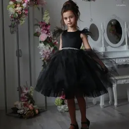 Girl Dresses Black Tulle Fluffy Feathers Beading Knee Length Sleeveless Flower Dress For Wedding Princess Kids First Communion Ball Gown
