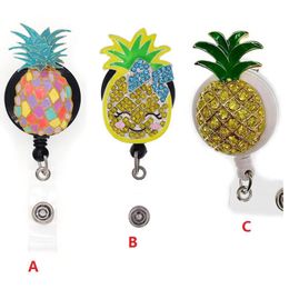 Cartoon Key Rings Fruit Pineapple Rhinestone Retractable ID Holder For Nurse Name Accessories Badge Reel With Alligator Clip312a