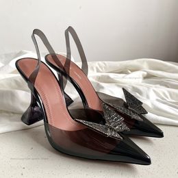 Amina Muaddi crystal-embellished heel pumps Wedding Evening shoes brightly butterfly Genuine leather sole Slingback sandals PVC women's Luxury Designer with box