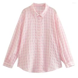 Women's Blouses Withered High Street Blogger Pink Plaid Texture Shirt Fashion Summer Loose Chiffon Top Women