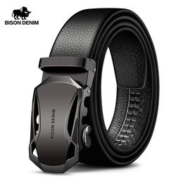 BISON DENIM Men's Belt Cow Leather Belts Brand Fashion Automatic Buckle Black Genuine Leather Belts for Men 3.4cm Width N71314 240122