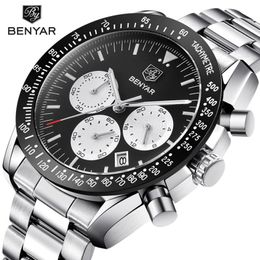 BENYAR Brand Men Sport Chronograph Watches All pointers work Waterproof Fashion Steel Stainless Quartz Watch drop black264l
