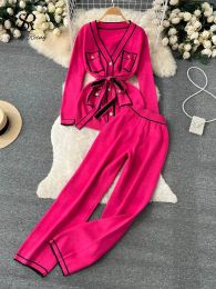 2023 New Womens Two Piece Pants Singrainy Fashion Sweater Set Long Sleeve Knitted CardiganWide Leg Loose