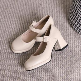 Dress Shoes Comfortable PU Shallow Cut Breathable Mary Jane Square Toe Solid Colour Button Tapered Thick Heel Women's Pumps
