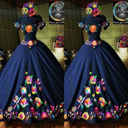 2022 Fashion Charro Mexico Quinceanera Dresses Navy Blue Embroidered Off The Shoulder Satin Corset Back Sweet 15 Girls Prom Dress 278U