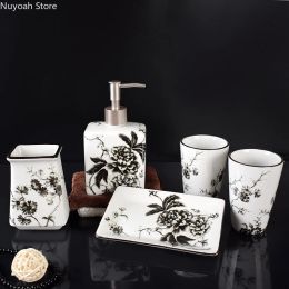 Sets Chinese Ceramic Toilet Mouthwash Cup Lotion Bottle Soap Dish Set Bathroom Wash Fivepiece Toothbrush Holder Bathroom Decoration