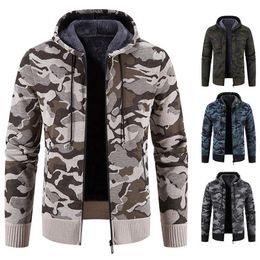 Men Winter Hoodies Knit Sweater Coat Military Army Camouflage Jacket Y2K Sweatshirts Fleece Zipper Open Overcoat Hombre Clothing 240124