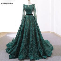 Dubai New Green Vintage Long Sleeve Evening Dresses 2021 A-Line Sequined Luxury Sparkle Evening Gowns Real Po284F