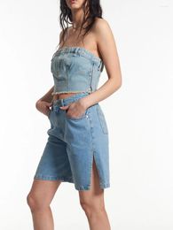 Women's Tanks Women Denim Tube Tops Solid Colour Button Frayed Hem Boat Neck Strapless Wrap Chest Tank Summer Backless Bandeau