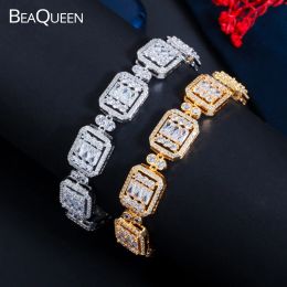 Bracelets BeaQueen Trendy Square Tennis Gold and Silver Colour Cubic Zirconia Paved Charm Bracelet for Women Valentines Day Gift B215