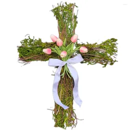 Decorative Flowers Easter Cross Wreath Decoration White Scarf Door Hanging Spring Tulip Wall Accessories