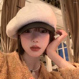 Berets 2024 Colour Matching Beret Women's Winter Korean Warm Versatile Painter Hat Trendy Face Small Octagonal Sboy Hats