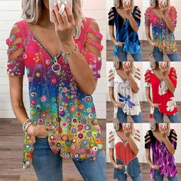 Designer women's clothing New women's V-neck zip Pullover printed short sleeve loose T-shirt women's top summer fashion ladies blouses Plus size woman clothes9AD4