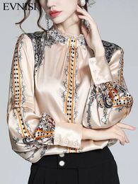 EVNISI French Printed Woman Blouse Silk Satin Shirt Elegant Loose Lantern Sleeve Office Ladies Spring Autumn Pullover Tops 240125