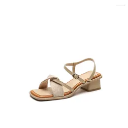 Sandals 2024 Leather French Niche Square Head Cross One Line Buckle Chunky Heel Female Summer Fashion AD720