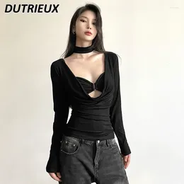 Women's T Shirts Sexy Girl Style Long-Sleeved Black T-shirt And Sling Bra Set Design Sense Slim Fit Shirt Slimming Short Tops