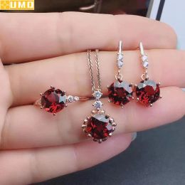Sets UMQ Natural Ruby Gemstone Set Ring Earrings Necklace for Women Wedding Party Gift 925 Sterling Silver Christmas Fine Jewellery Set
