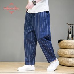 Trendy Striped Casual Pants for Men Loose Cotton Linen Pants Chinese Style Wide Legged Sweatpants Full Length Pant Trousers 240126