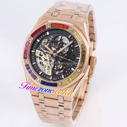 K8F 41mm Black Skeleton Tourbillon Dial Automatic Mens Watch Rose Gold Frost Gold Case Frosted Steel Bracelet Rainbow Diamond Watc237G