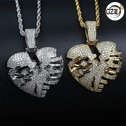Personalizado real 18k ouro bling diamante quebrado oco coração masculino pingente colar gelado zircônia cúbica amantes hip hop jóias 310b