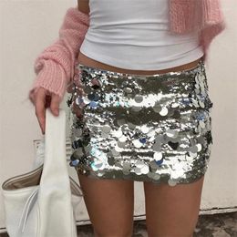 Skirts 2024 Women 2000s Aesthetic Silver Skinny Low Waist Short Mini Skirt Evening Party Y2k Clubwear Sequins