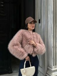 Elegant Luxury Pink Fluffy Faux Fur Coat Women Loose Long Sleeve Thicken Warm Jacket Female Autumn Winter Loose Lady Outerwear 240125
