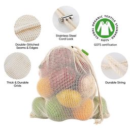 Reusable Organic Cotton Produce Bags Cotton Mesh Bags Biodegradable Eco-Friendly Shopping Storage Bag for Fruit Vegetable Toys 240125