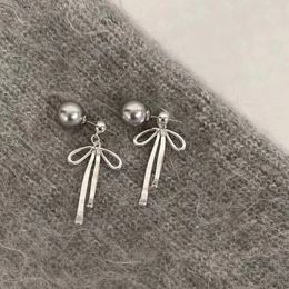 Stud Earrings 2024 Korean Version Cold Wind Punk Bow Silver Gery Colour Pearl Earring For Women Aesthetic Ins Elegant Romantic Accessories