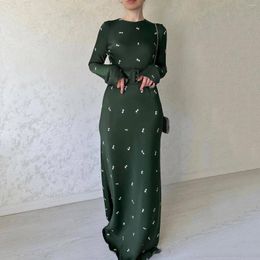 Casual Dresses Vintage Green Floral Print Long Temperament Women Elegant O-neck Party Maxi Dress Spring French Style