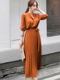 Casual Dresses In For Women 2024 Spring Autumn Solid Loose Long Pleated Dress Korea Fashion Womens Clothing Streetwear