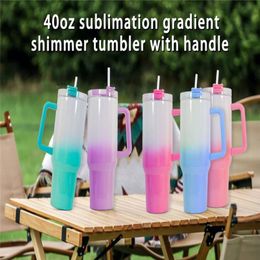 Manufacture 40oz Sublimation Gradient Glitter Tumblers with Handle 5 Colors Stainless Steel Vacuum Insulated Travel Cups Big Capa234s