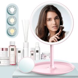 Mirrors Led Makeup Mirror with Light Lamp with Storage Desktop Rotating Cosmetic Mirror Light Adjustable Dimming Usb Vanity Mirror