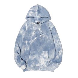 Tie Dyed Blue Sweater Men's Spring and Autumn Hooded Letter Tide Brand Ins Loose Couple Oversize Coat