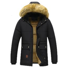 Casual Men Winter Parka Fleece Lined Thick Warm Hooded Fur Collar Coat Male Size 5XL Plush Jacket Work Outwearing Black 240123