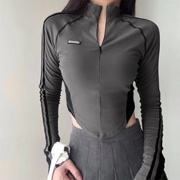 Women's T Shirts Biker Wind Colour Collision Striped Zipper Splicing Stand-up Collar Slim T-shirt Top 2024 Irregular Clothes For Women