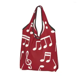 Shopping Bags Kawaii White Music Notes On Red Background Tote Portable Custom Design Groceries Shopper Shoulder Bag