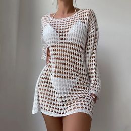 White Mesh Dress Bikini Cover-ups Sexy See Through Hollow Out Tassel Dress Women Clo Clothing Beach Wear Swim Suit Cover Up 240123