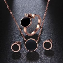 316L Titanium Steel Jewellery Set Rose Gold Black Enamel Ring Earrings Necklace Set257z