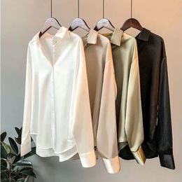 Silk Korean Office Ladies Elegant Shirt Blouse Women Fashion Button Up Satin Shirt Vintage White Long Sleeve Shirts Tops 240127