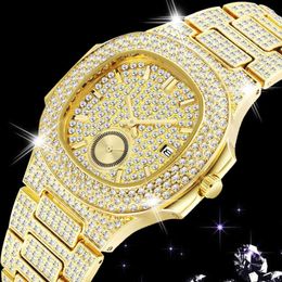 18K Gold Watches for Men Luxury Full Diamond Men's Watch Fashion Quartz Wristwatches AAA CZ Hip Hop Iced Out Male Clock reloj259F