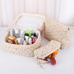 Cosmetic Bags 3Pcs Vintage Print Ladies Makeup Quilted Cotton Bag Travel Toiletry Soft Fabric Girls Pencil Case Storage