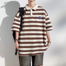 Men Polo Shirts Stripes Summer Short Sleeve Tshirt Turndown Collar Shirt Male Casual Loose Pullover Tops Fashion Tees 240119