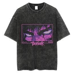 Anime Berserk Graphic T-shirt for Men Vintage Washed Cotton Tee Tops Oversized Loose Tshirt Harajuku Stylish Streetwear Outfits 240122