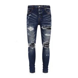 2023 New High Street Trendy Brand Broken Skin Patch Elastic Slim Fit Distressed Deep Blue Jeans for Men