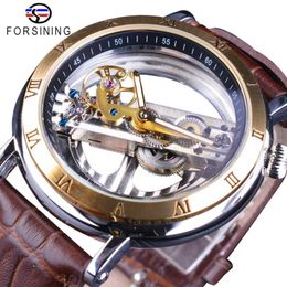 Forsining Double Side Transparent Brown Leather Waterproof Automatic Mens Watches Top Brand Luxury Skeleton Creative Wristwatch329Z