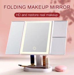 Mirrors 1/2/3x Magnifying Led Makeup Mirror Desktop Folding Mirror with Lamp Led Beauty Mirror Smart Threecolor Light Adjustable