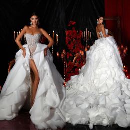 Stunningbride 2024 pérolas requintadas sereia vestidos de casamento luxo querida em camadas babados vestido de noiva feito sob encomenda alta divisão vestido de noiva