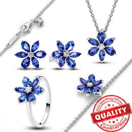 Authentic Sterling Sier Sparkling Blue Herbarium Cluster Earring Ring & Necklace DIY Women Jewellery Set Gift Accessories